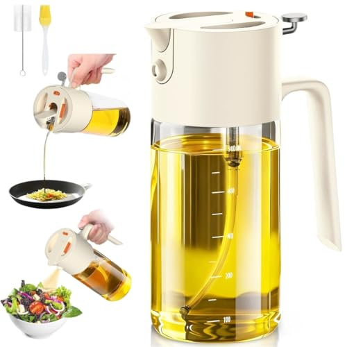 Spray Aceite 2-en-1 – Dispensador y Pulverizador de Aceite de Oliva 550 ml en Vidrio para Cocina, Ensaladas, Barbacoa, Freidora de Aire, Vinagre, Aceite, Accesorio Cocina Antigoteo (Blanco Lechoso)