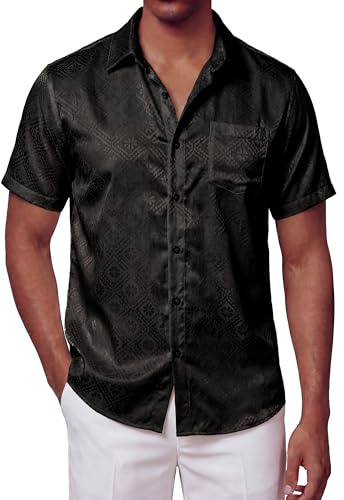 FEOYA Chemise boutonnée en satin de soie pour homme - Manches courtes - Luxe - Loisirs - Motif floral - Décontracté - Solide et d'été