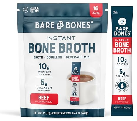 Bare Bones Beef Bone Broth Instant Powdered Mix Packets | 5g Collagen | 10g Protein | Keto & Paleo Friendly | No Artificial Flavors | Rich Savory on-the-go 16 Pack