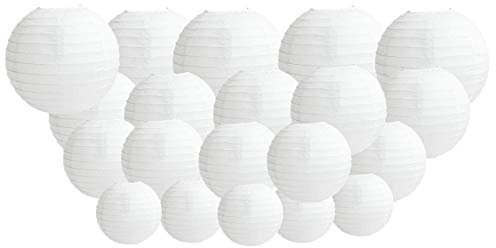 20 PCS Paper Lanterns, Round White Paper Lantern with Wire Ribbing, Different Sized White Lampshades, 4 6 8 10 Paper Lampshades for Weddings, Parties, Celebrations, Patios and Rooms