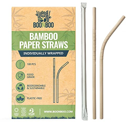 BOONBOO Bamboo Paper Straws, Individually Wrapped, Bendable, PFAS-Free, 100 Counts