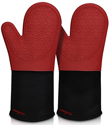 sungwoo Guanti da forno extra lunghi in silicone, resistenti al calore, con fodera trapuntata, impugnatura antiscivolo testurizzata, perfetti per barbecue, cottura e grigliate, 1 paio da 37,6 cm