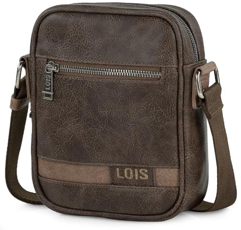 Lois - Sacoche Homme Bandouliere. Pochette Homme en cuir véritable élégante et compacte pour usage quotidien affaires loisirs style urbain, Marron