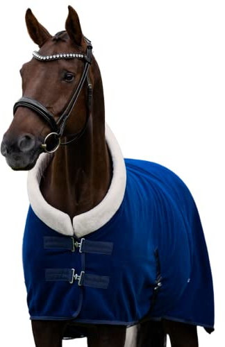 EQUILYX® Abschwitzdecke Pferd mit Teddy-Kragen und abnehmbaren Kreuzgurten [perfekte Passform] Fleecedecke Stalldecke Transportdecke wärmend feuchtigkeitsabsorbierend atmungsaktiv (Royalblau, 165cm)