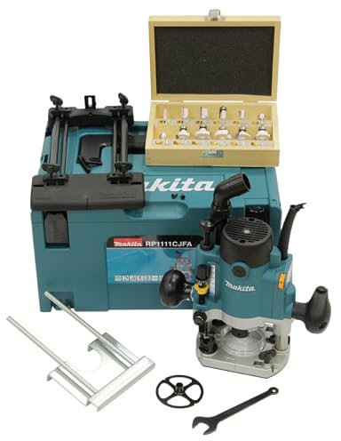 Makita RP1111CJFA Oberfräse 1.100 W inkl. D-53556 12-teiligem Fräser-Set im MAKPAC, Blau