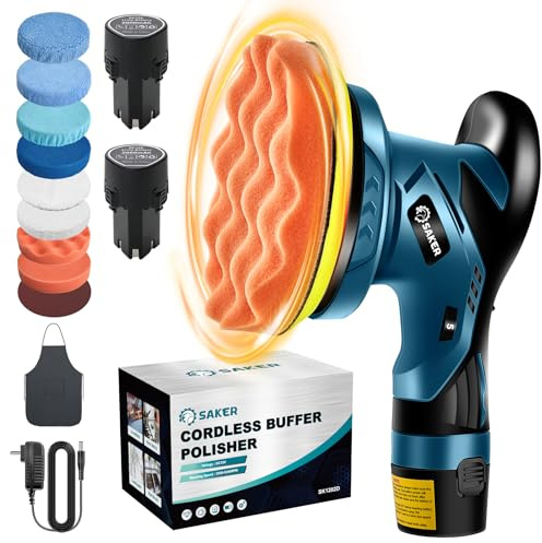 Saker Kabellos 12V Akku Auto Poliermaschine - 15 cm tragbares Polierwachsmaschinen-Kit für die Auto-Aufbereitung, mit 2 Batterien（12V-2000-mAh）, 10 Zubehör, 1 SET