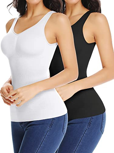 JOYSHAPER Women Cami Shaper with Built in Bra Tummy Control Camisole Tank Top Undershirts Shapewear Body Shaper (Black+White Pack,M)