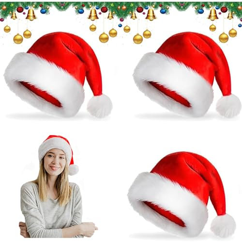 JLTXKST Weihnachtsmütze,3 Stück Weihnachtsmütze mit Bommel, Weihnachtsmützen, weihnachtsmann mütze, rot Weihnachten Hüte,Nikolausmütze, für Weihnachten Neujahr und Partybedarf (B)