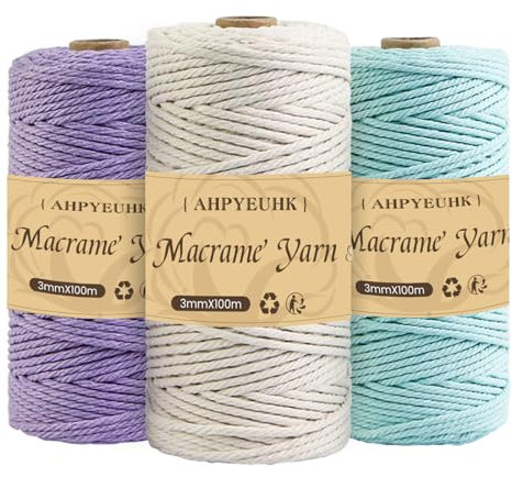 Makramee Garn 3mm X 100m,3 Stuck Makramee Baumwollgarn Baumwollschnur Natur Bastelschnur Makramee Zubehör Für DIY Basteln Stricken, Boho Wandbehang Deko,Traumfänger (Aquablau + Beige + Violett)