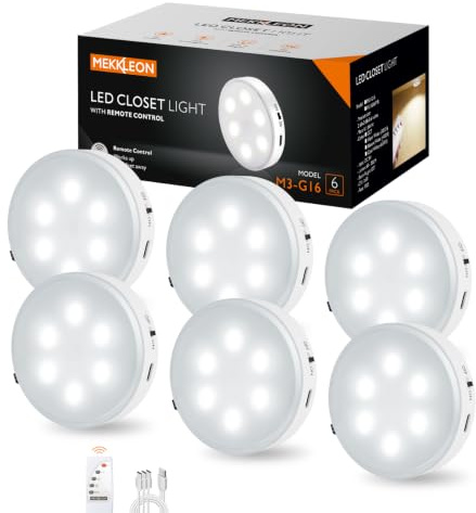 Éclairage d'armoire sous la cuisine avec télécommande,Éclairage de vitrine sans fil,Rechargeable par USB,6Pack d'éclairage LED avec pastilles adhésives pour chambre à coucher (Cool White-6PCS)