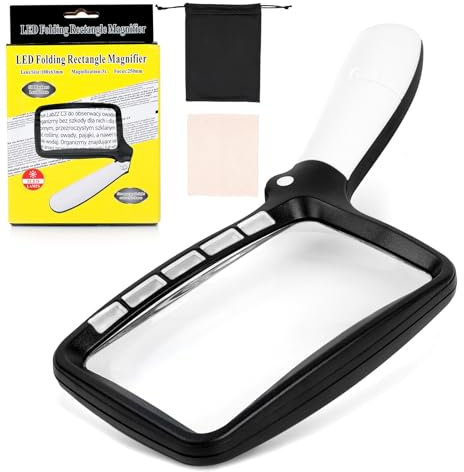 AiQInu Loupe de Lecture Rectangulaire à Main, Lumineuse et Grossissante, Pliée avec Éclairage LED 5, 2 Modes d'Intensité, Noir&Blanc