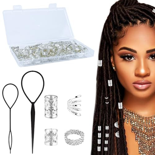 DIKEBAO 70 Stück Dreadlocks Schmuck, Aluminium Haarringe Haar Ringe Geflochtenes Zubehör Verstellbar Metall Haarschmuck Braids Gewebter Spirale Haar Schmuck Dreadlocks für Damen Herren（Silber）
