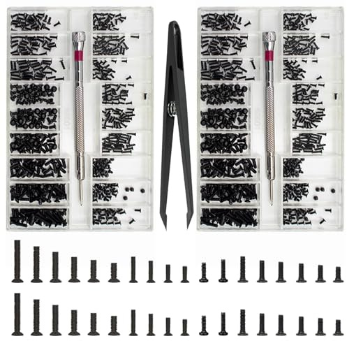 Tiny Micro Lot de 1000 vis de réparation Kit de petites vis M1.2 M1.4 M2 avec tournevis et pince pour lunettes, lunettes de soleil et montres Noir