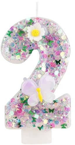 Bougie Anniversaire 2 ans, Decoration Gateau Anniversaire Papillon Fille, 3D Papillon Fleurs Bougie Chiffre 2,Décorations de Anniversaires Gâteaux pour Enfants Adulte