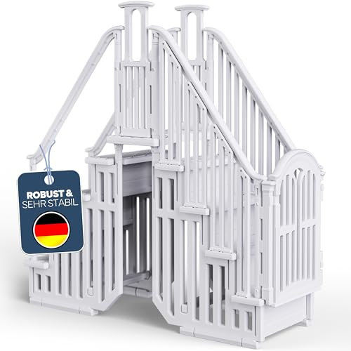 Poolomio Poolleiter beidseitig für Aufstellbecken bis 137 cm Höhe | Doppelte Pooltreppe Easy-Entry aus HDPE-Polyethylen | Leiter mit rutschfesten Sprossen, Geländer und verschliessbarer Tür