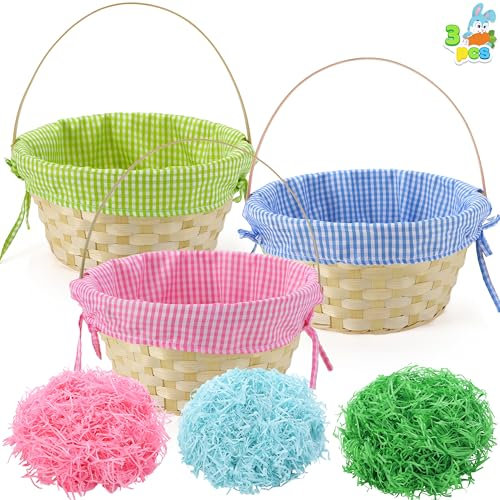 JOYIN Lot de 3 paniers de Pâques en bambou avec doublure à carreaux et poignée et 3 couleurs en papier d'herbe pour la chasse aux œufs de Pâques, friandises de fête d'enfants, remplissage de cadeaux