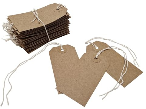 Swift Pack of 3000 Brown Kraft Reinforced Card Strung Tags: 108mm x 54mm Heavy Duty Hanging Gift Swing Tickets, Large Parcel Label, and Price String Paper for Retail Clothing or Craft Labelling