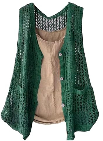 RWGSNB Maglioni Gilet, Canotta all'Uncinetto Donna Morbido Cotone Bottoni sul Davanti Senza Maniche Cardigan Estivo Traforato Canotta Casual Leggera Indossare Tutti I Giorni Feste Verde L