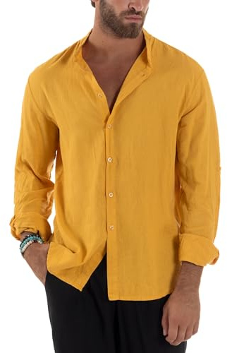 Giosal Camicia Uomo Lino Collo Coreano Maniche Lunghe Casual Regular Fit Basic Tinta Unita Vari Colori (IT, Testo, L, Regular, Regular, Senape)