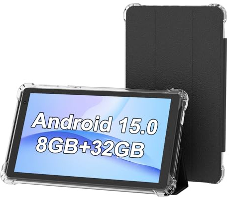 PEICHENG Tablet con funda protectora, 7 pulgadas IPS 1024 * 600 Android 15.0 Tab PC RAM 8GB (3+5Expand)+ROM 32GB Bluetooth 5.0 WiFi6 2.4G+5G 2MP + 5MP doble cámara (negro)