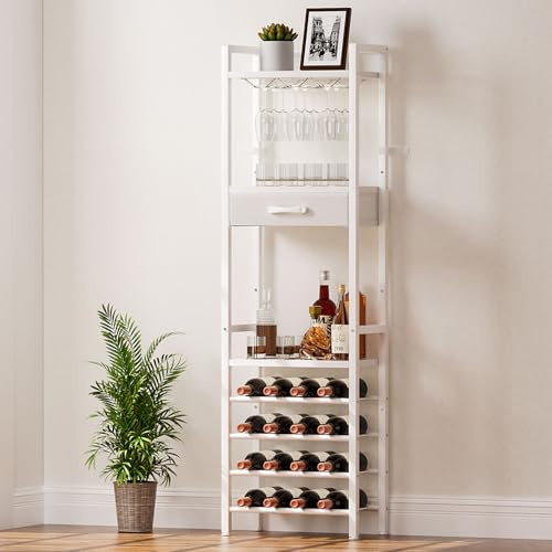YORBAY Botellero Vino para 16 Botellas, Botellero de Suelo de 4 Niveles con Portavasos y Cajón, Estante para Vino Vintage de Metal con Estantes para Bar, Cocina, Comedor, Suelo (Blanco)