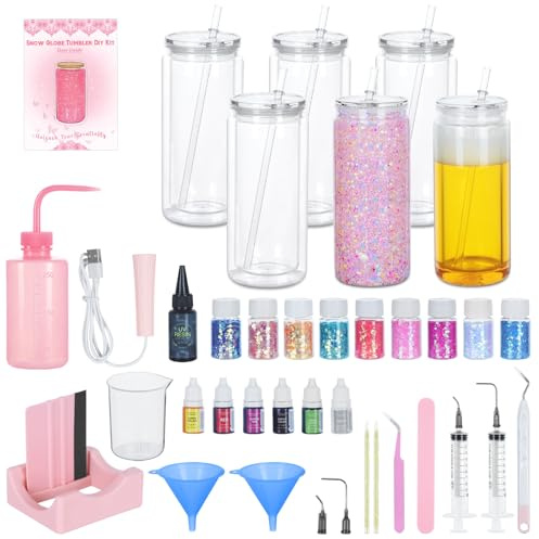 6 Pack 20 Oz Acrylic Snow Globe Tumbler Supplies Starter Kit, Double Wall Plastic Pre-Drilled Snowglobe Tumbler Cup Tool Set, Including Squeeze Bottle Cup Cradle and Scraper etc.