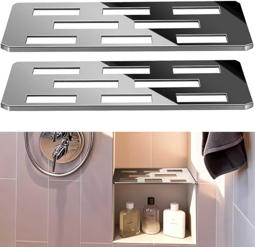 Hezaosth 2 Pack Rectangular Shelf for 12 Inch Tile Prefabricated Niches, Shower Niche Shelf with Mirror Effect 316 Stainless Steel Finish, Fits 1/8 inch Grout Lines Shower Niche Insert