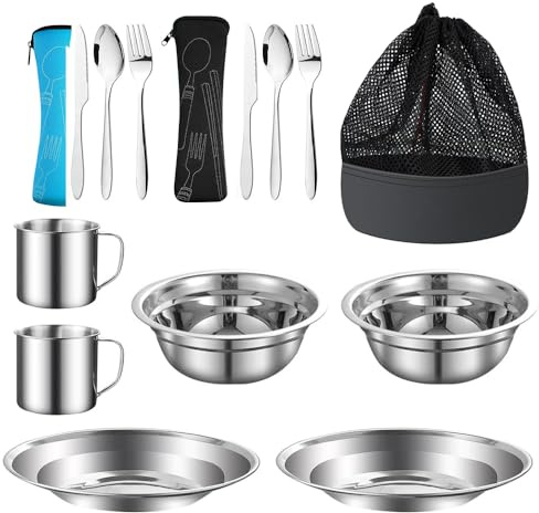 Campingbestickset för 2 personer, 15 stycken bestick i rostfritt stål, camping med tallrik, skål, kopp, gaffel, sked och bestickficka, förvaringsväska för vandring och picknick