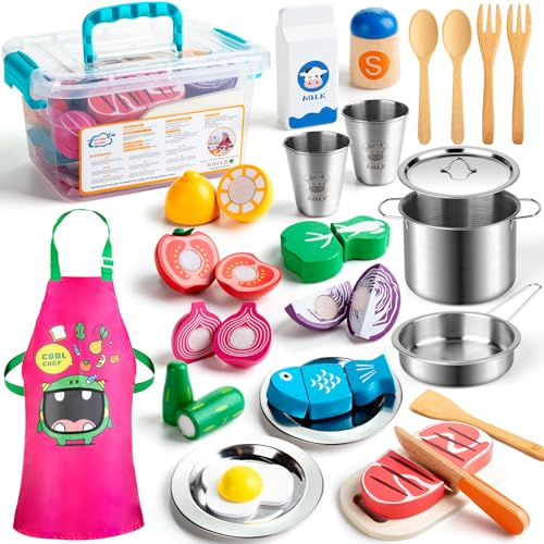 Sundaymot Juguetes de Cocina para niños Accesorios, juego de ollas y sartenes, utensilios de cocina, juego de chef para cortar alimentos verduras, juego de rol para niños mayores de 3 años