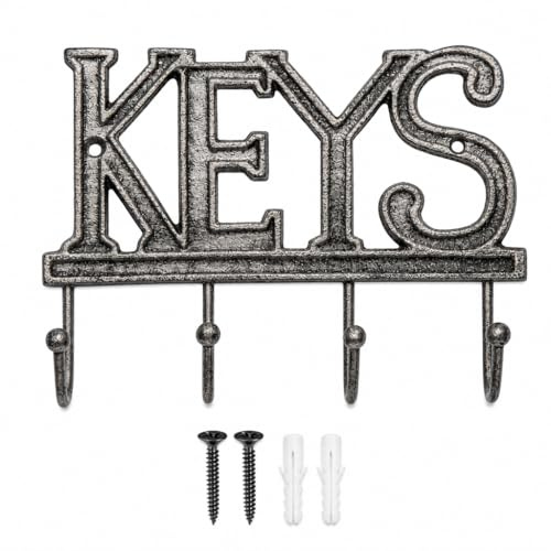 Comfify Gray Cast Iron Key Holder for Wall – Keys Sign with 4 Hooks