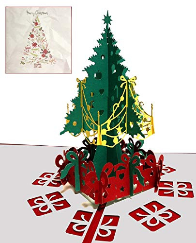 DEESOSPRO Tarjetas de Navidad, tarjeta 3D pop-up tarjeta de felicitación con hermoso papel cortado, regalo para Navidad, sobres incluidos, tarjeta de regalo de chrismas, Árbol