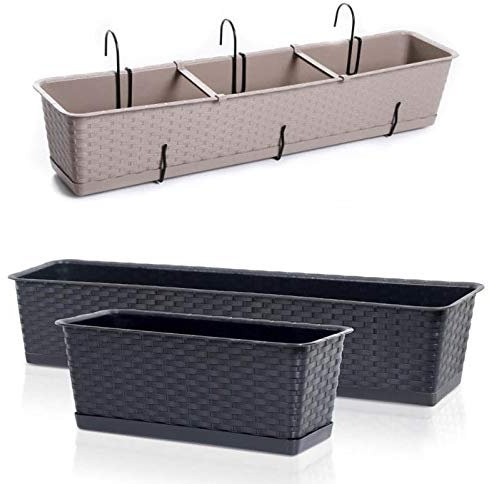 Blumenkasten Balkonkasten Blumentopf Rattan Optik Case P mit Aufhängung Untersetzer Geländerkasten 4 Größen (800 Mocca)