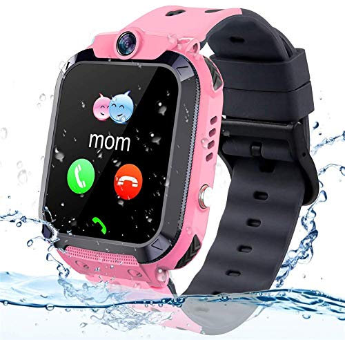 GPS Tracker Watch for Kids, IP68 Waterproof Smartwatch With Phone, Alarm Clock, Game Camera - Compatible With 2G T-Mobile - Birthday Gift (Pink)