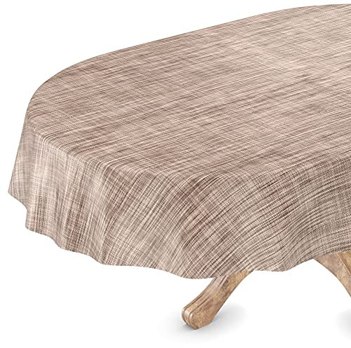 ANRO Tischdecke abwaschbar Wachstuch Wachstuchtischdecke Gartentischdecke Leinen-Optik Pflegeleicht Wasserabweisend 240 x 140 cm (Oval) Braun Schnittkante