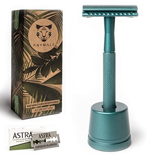 ANYMALE® Plastikfreier Rasierhobel Azure Edition - Set mit Ständer und 5 ASTRA Klingen - Nassrasierer für Damen und Herren