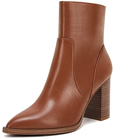 LAICIGO Women's Pointed Toe Ankle Boots Chunky Stacked Heel Side Zipper Faux Leather Ankle Booties, Brown, Size 8