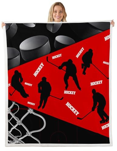 Erosebridal Ice Hockey Throw Blanket for Kids Teens Adult,Hockey Puck Blanket,Gift for Ice Hockey Fan,Winter Sports Game Fleece Blanket Queen 90x90,Ice Hockey Player Silhouette Sherpa Plush Blanket