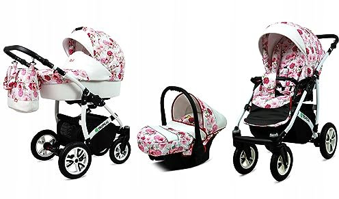 BabyLux® Bambimo Kinderwagen Set 3 in 1 - Tropical - incl. Babywanne, Buggy Sportsitz, Auto-Babyschale - Autositz - Kinderwagenset - Kombikinderwagen mit Wickeltasche, Regenschutz usw.
