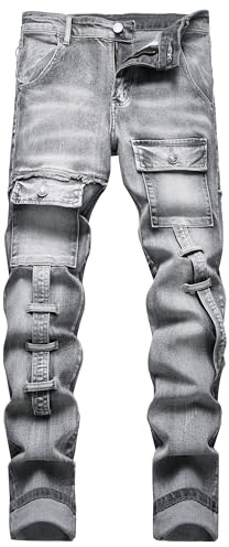 XIMXIMMTIAN Men Slim Fit Jeans Fashion Biker Jeans for Men Stretch Designer Distressed Straight Denim Pants (32, 2131 Gray)