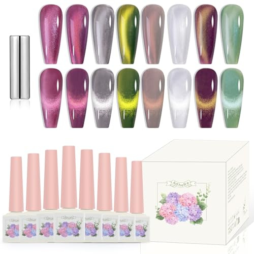 ADHERE 8pcs of 12ml Cat Eye Gel Polish Magnet Set - Purple Grey Green White Magnetic Gel Nail Varnish Glitter Shimmering Sparkle Nail Art with Magnetic Effects Cat Eye Nail Gel Polish