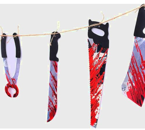 Lot de 6 guirlandes décoratives de 1,8 m avec pince, scie, guirlande de couteaux, sang, Halloween, horreur, décorations de fête, couteaux sanglants
