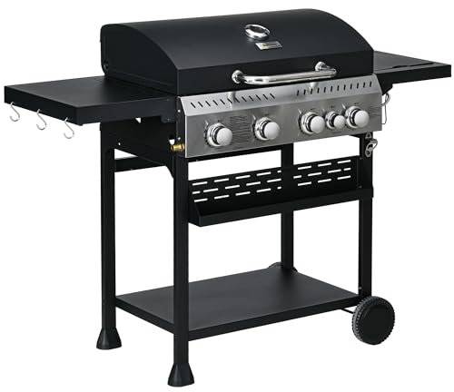 Outsunny Barbecue à gaz 4+1, barbecue au gaz propane 12,5 kW chariot de BBQ avec roulettes, grille chauffante, étagères, thermomètre, décapsuleur, noir