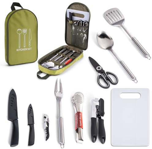 10 PCS Camping Cooking Utensils Set Camping Kitchen Utensils mit Tragbare Kochutensilien Tasche Küchenhelfer Utensilien Set Camping Kochutensilien Kochgeräte Set für Camping Wandern Picknick Grillen