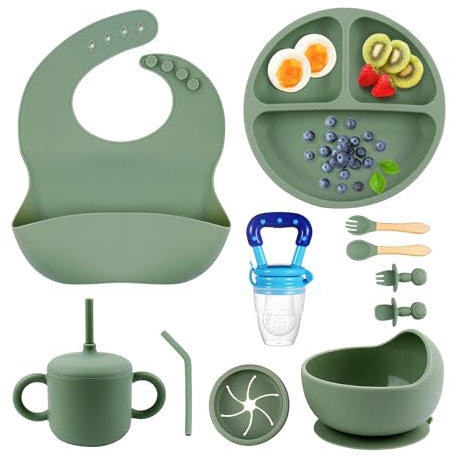 SHGMEET Silikonporslinsset, babymatningsredskap, babysugkopp, tallrik, haklapp, skedset, babyguidade avvänjningstillbehör, diskmaskinssäker (grön)