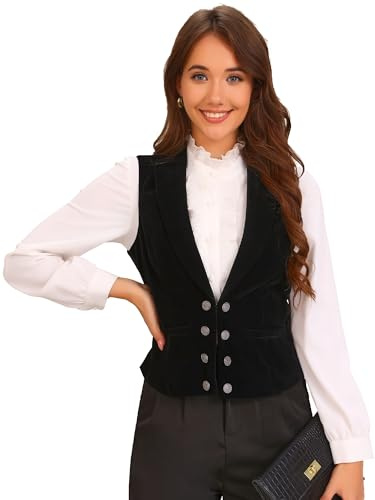 Allegra K Chaleco tipo blazer de terciopelo para mujer, informal, sin mangas, con botones Negro L