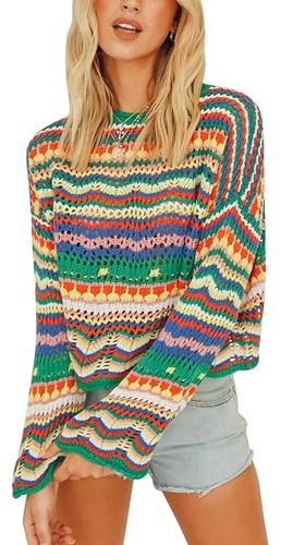 Maglione da donna lavorato a maglia all'uncinetto maglione vintage a righe a contrasto blocchi di colore a maniche lunghe pullover girocollo Y2K casual sciolto maglione superiore lavorato a maglia,