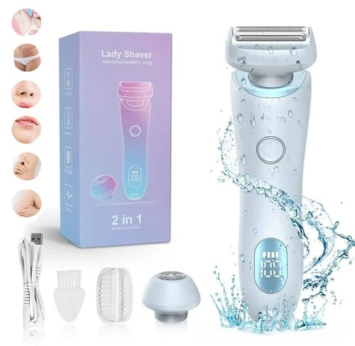 Lady Shaver for Women, 2 in 1 Waterproof Belarae Brazilian Electric Women's Razor for Face Lips Arms Legs Armpits Bikini, Wet & Dry, Painless Hair Removal, Rechargeable Women's Shaver (Blue)