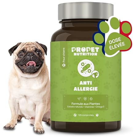 Combate Alergias Perros. Suplemento 100 % Natural. Alivio Picor y Cuidado Piel Atópica. 125 Dosis. Hipoalergénico a base de Psyllium, Biotina, Omega 3 y Cúrcuma + Vit E. Antiácaros. Antiinflamatorio