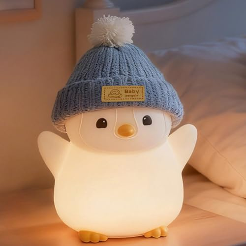 FAMIDUO Luce Notturna Bambini, Silicone Pinguino Lampada per Bambini Notturna, USB Ricaricabile, 2 Livelli di Luce Dimmerabile, Timer, Luce Notturna Neonato LED a Forma di Animale, Regali per Bambino