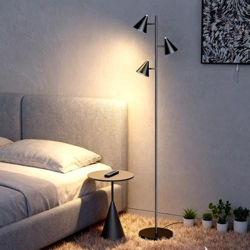 KimYan Black Floor Lamp for Office and Living Room, with 3 Rotatable LED Lights, Magnetic Remote, 5 Color Temp